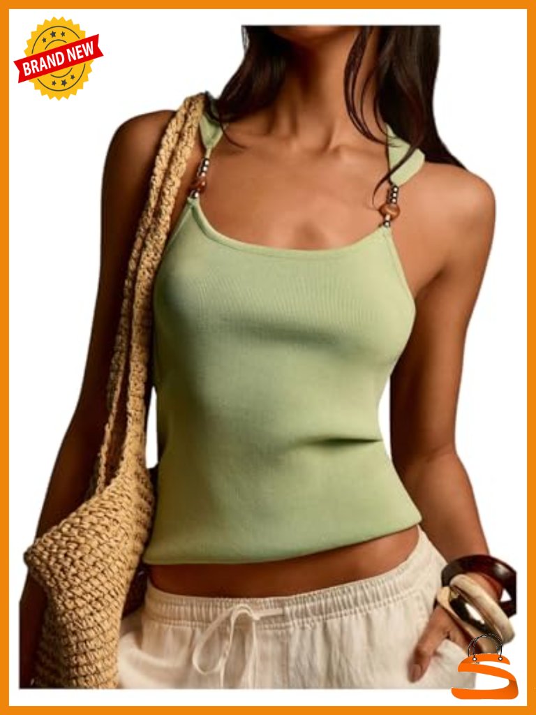 Beaded Square Neck Sleeveless Knit Tank Top Summer Beach Vacation Top
